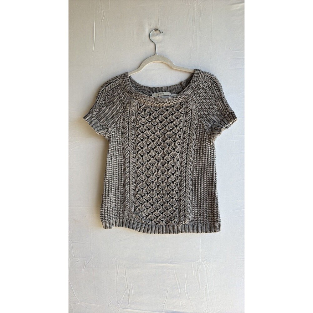 LOFT Ann Taylor Taupe Pointelle Open Knit Short Sleeve Sweater